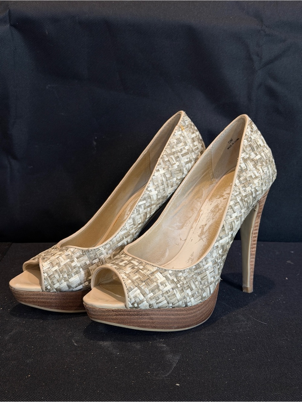 levity Woven Tan Peep-Toe Platform Heels